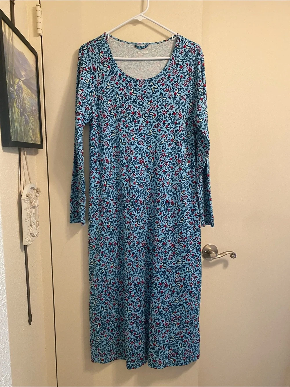 Lands’ End Blue Floral Cotton Nightgown Long Sleeve Sleep Dress M - Picture 2 of 14